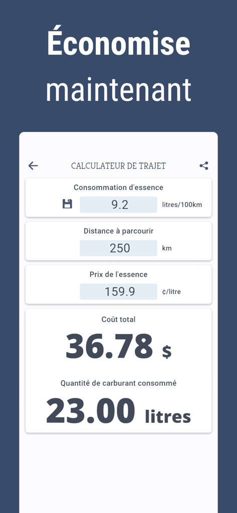 Prix Essence Québec Gas Prices - Trip cost calculator interface in the Prix Essence Quebec app showing estimated fuel expenses and consumption