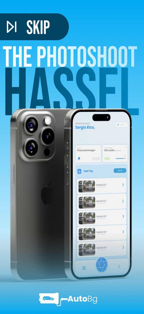 Pantalla de iPhone mostrando el panel de gestión de fotos de coches de la aplicación AutoBg