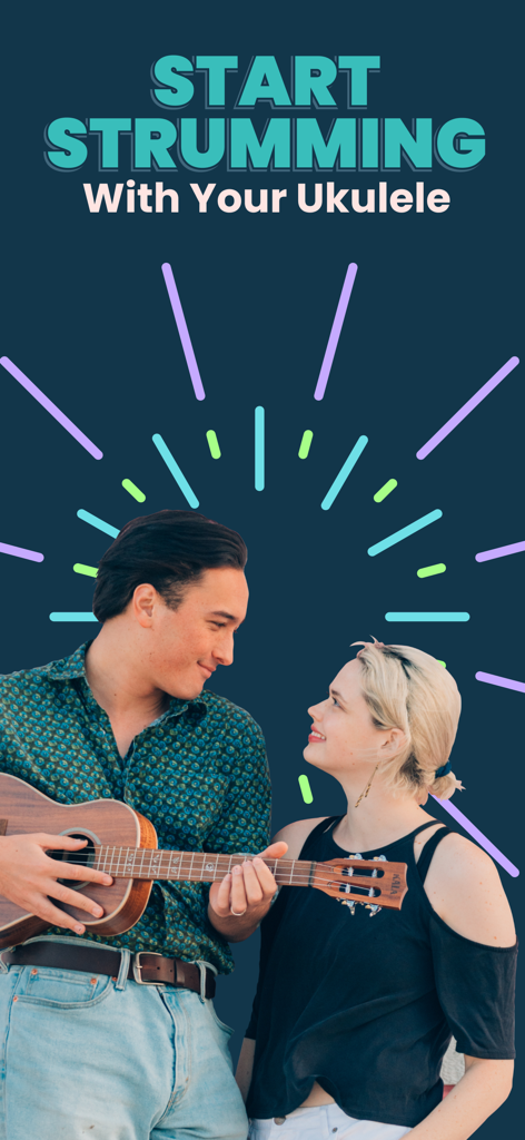 Ukulele Tuner & Lessons: Kala - Pareja joven sonriendo mientras el hombre toca el ukulele con el texto Empieza a rasguear