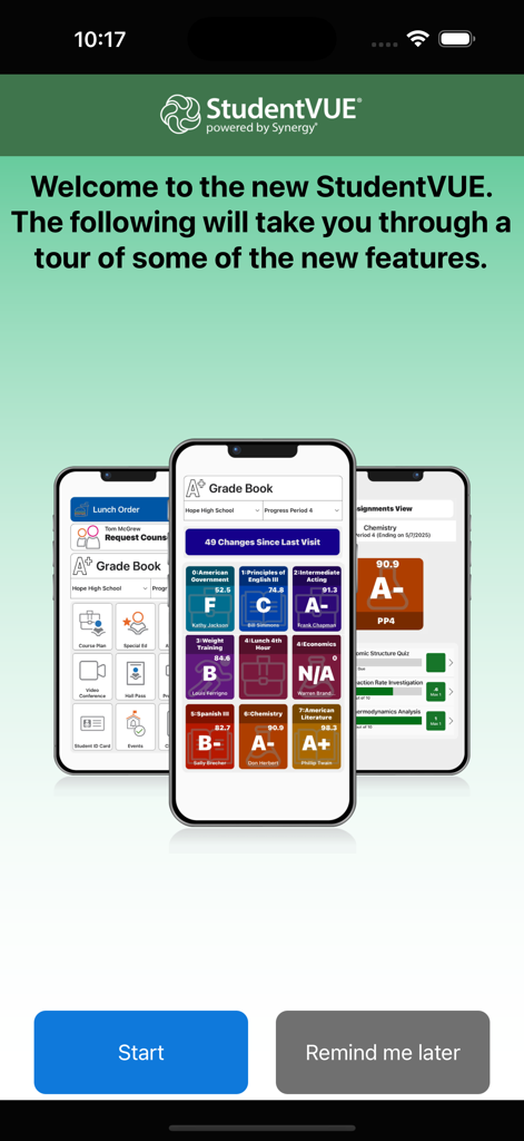 StudentVUE (New) - Schermata di onboarding dell'app StudentVUE che mostra le funzioni del registro voti e dei compiti