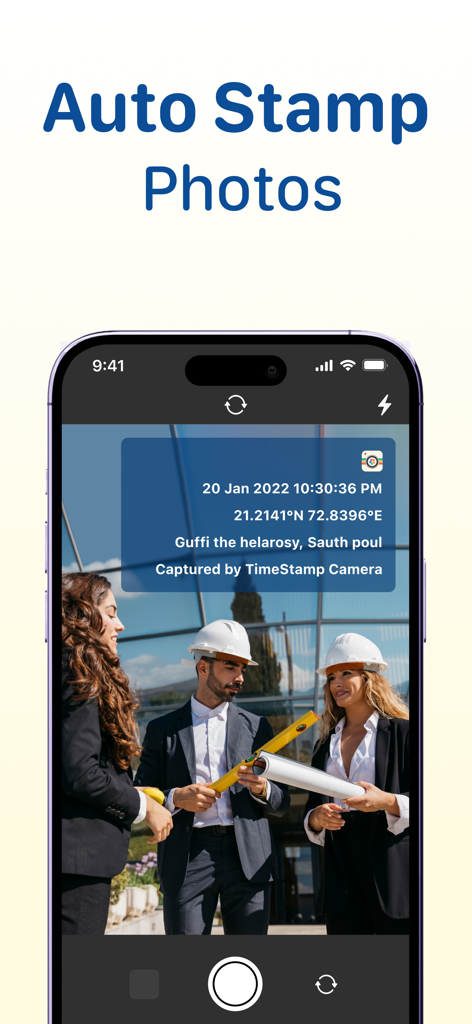 Time & Date Stamper on Photo - Smartphone screen showing a photo with an automatic timestamp and GPS coordinates overlay.