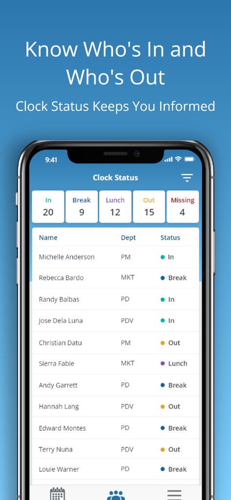 uAttend - Panel de la aplicación móvil uAttend que muestra el estado de asistencia de los empleados en tiempo real para los gerentes.