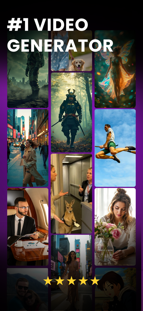 Eine Collage, die verschiedene KI-generierte Videostile zeigt, darunter Filmszenen, Fantasy-Charaktere und professionelle Umgebungen mit der Schlagzeile 'Nummer eins Video Generator'.