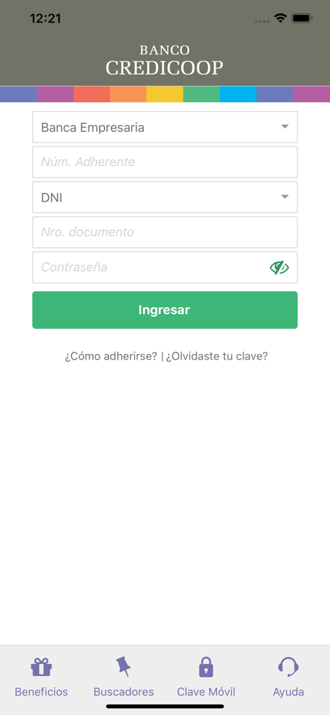 Pantalla de inicio de sesión de la aplicación de banca comercial Credicoop Móvil Empresas
