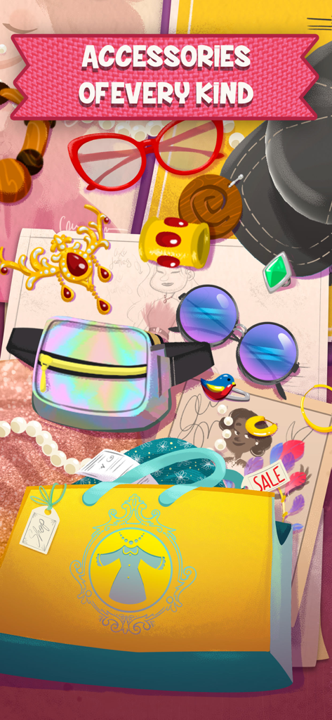 Una colección de accesorios de moda coloridos que incluyen gafas de sol, joyas y una bolsa de compras para vestir a los personajes en un juego para niños.