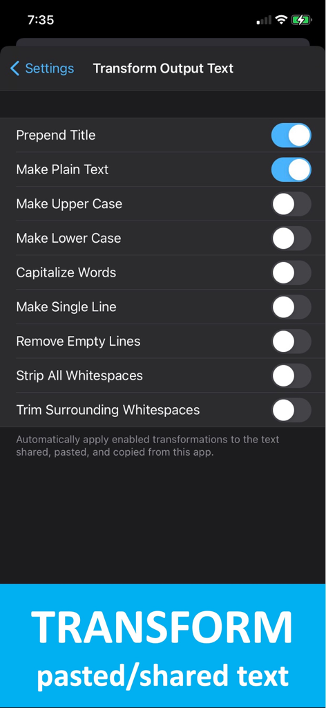 Copy Em app screen showing text transformation settings for pasted and shared content
