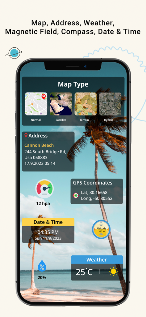 GPS Camera - Location Stamp - GPS Camera app interface showing map types, coordinates, weather, and address stamps