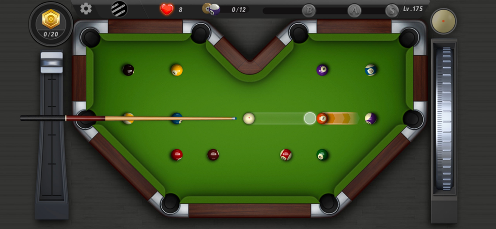 Pooking Billiards City gameplay showing a cue stick aiming on a unique M shaped pool table