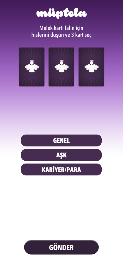 Müptela - Kahve Falı, Tarot - Muptelaアプリのエンジェルカード占いインターフェース。カード選択と、一般的な占い、恋愛、キャリアなどのカテゴリーが表示されています。