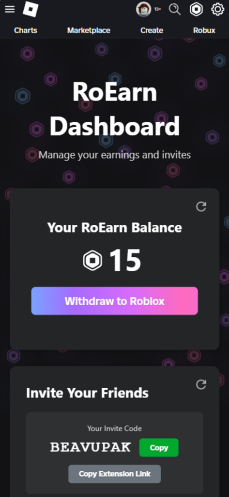 RoEarn app dashboard showing a balance of 15 Robux with a withdraw button and invite friends section.