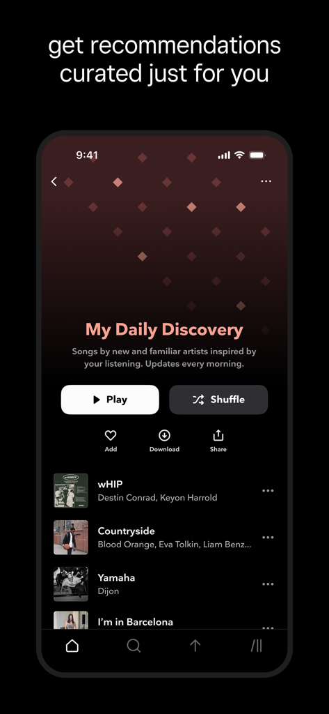 A mobile screen showing TIDAL Music personalized daily discovery recommendations.
