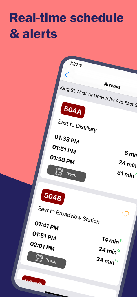 My TTC - Toronto Bus Tracker - My TTC app interface showing real-time bus arrival times and schedules for Toronto transit