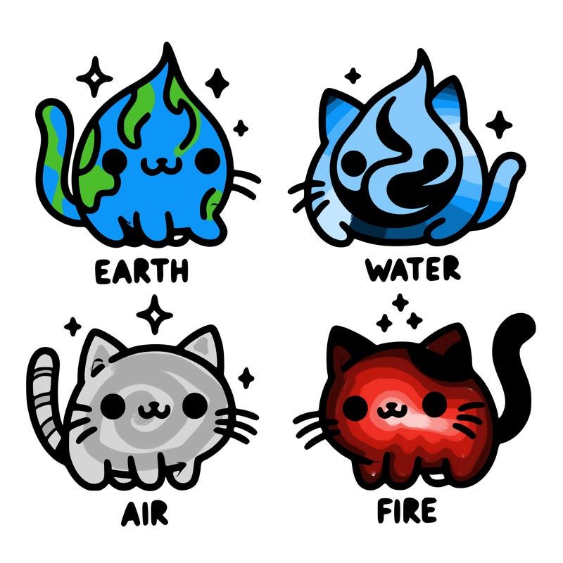 4 cats that represent the different elements, earth, water, air, and fire
