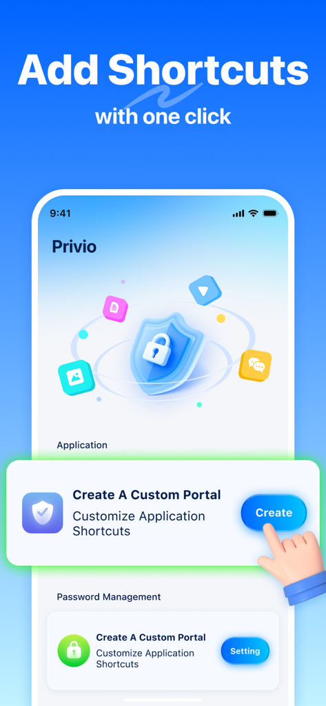 Interfaccia mobile dell'app Privio che mostra un pulsante per creare scorciatoie per app personalizzate con un clic