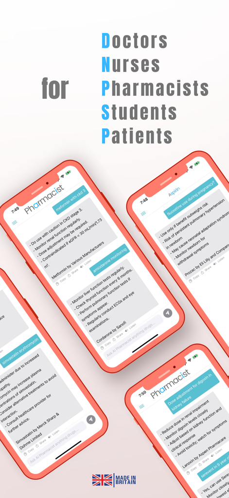 AI Pharmacist - AIファーマシストアプリのインターフェースのスクリーンショット。医師、看護師、薬剤師向けの臨床薬物情報が表示されています。