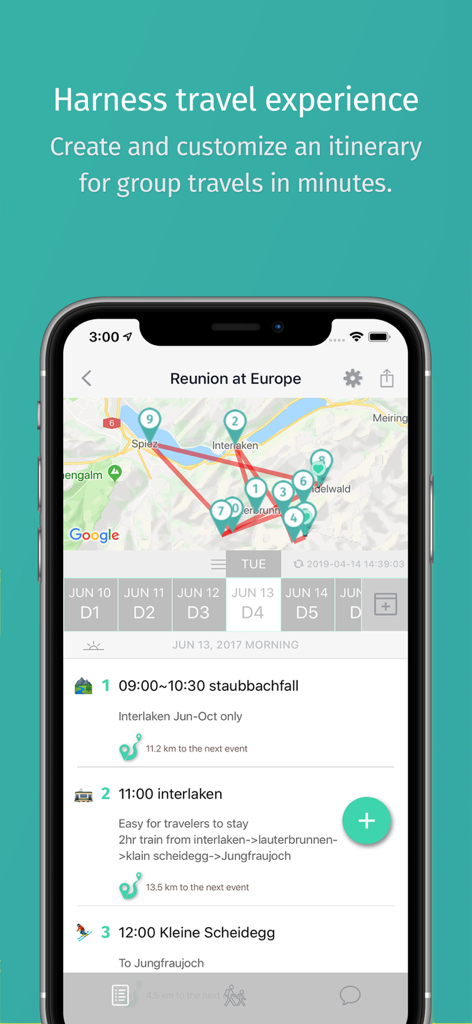 TripHugger app interface showing a travel itinerary for Europe with an integrated map and chronological schedule.