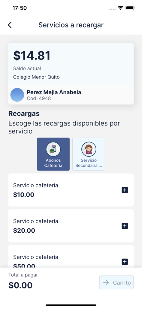 Khafe Hanaska app interface for recharging school cafeteria credit