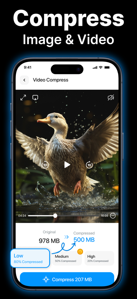 Clean Up Storage－Phone Cleaner - Pantalla de la aplicación Limpia Almacenamiento mostrando opciones de compresión de video para ahorrar espacio.