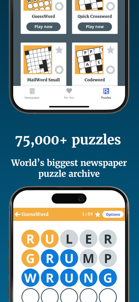Interactive puzzle library with crosswords and word games in the Daily Mail app