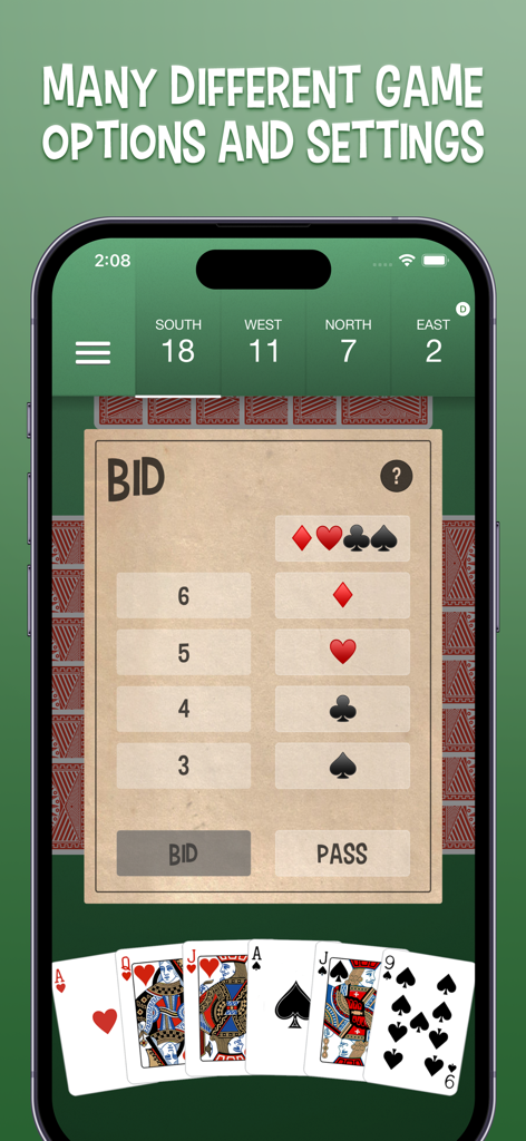 카드 수트와 입찰 번호를 보여주는 Euchre plus 모바일 앱의 입찰 인터페이스