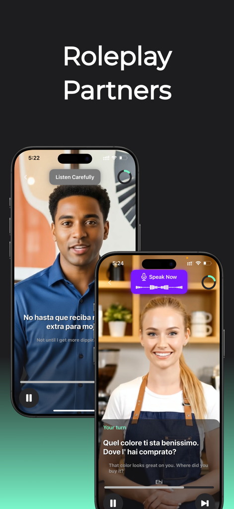 PrettyFluent Language Skills - PrettyFluent app interface showing video roleplay partners for immersive language practice