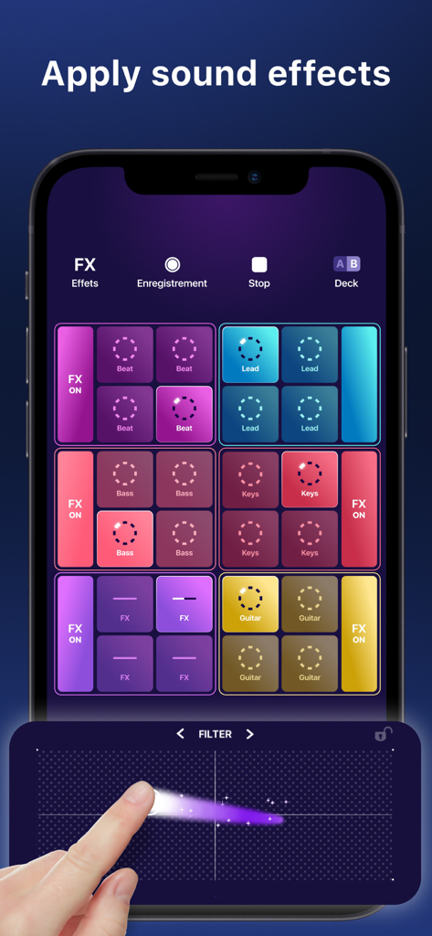 Beat Looper Pro - Music Maker - A user interface of Beat Looper Pro showing a grid of music pads and a finger applying an audio filter effect.