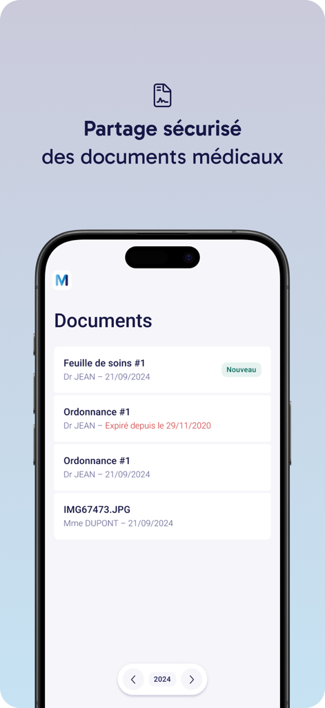 Smartphone screen showing the Medaviz app medical documents interface with a list of prescriptions and care sheets