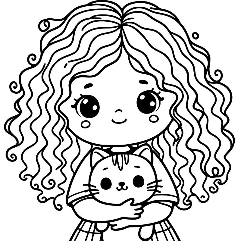 a girl with curly hair hugging a cat