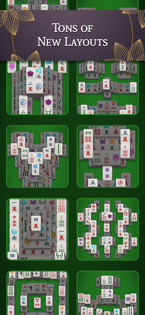 Una varietà di diverse disposizioni di tessere e tavole di gioco di Mahjong Solitaire