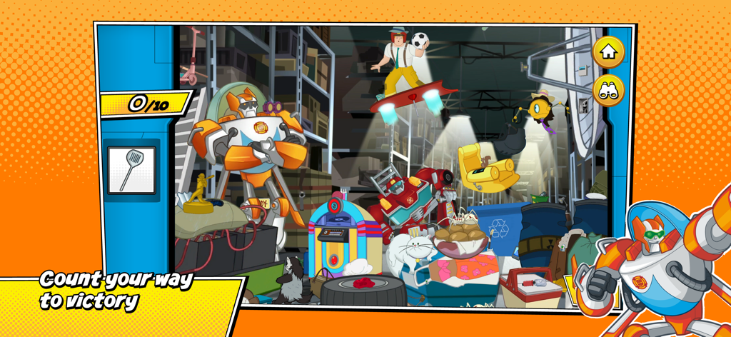Transformers Rescue Bots! - A screenshot of the Transformers Rescue Bots app showing a hidden object counting mission in a garage scene.
