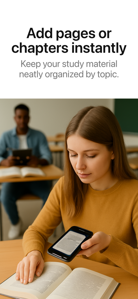 ScanQuiz: Study Smarter - Una estudiante escaneando una página de libro de texto con la aplicación ScanQuiz en su iPhone