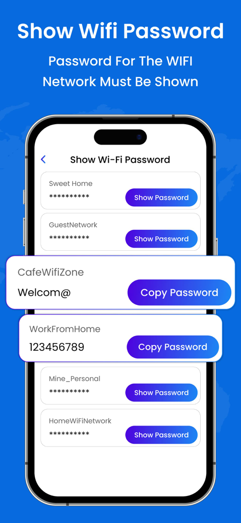 Wifi Password Router Admin Set - Interfaccia di un'app mobile che mostra un elenco di reti Wi-Fi con opzioni per visualizzare e copiare le password.