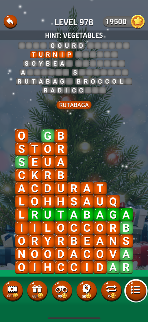 Word Streak: Play Daily Puzzle - Gameplay-Bildschirm der Word Streak App, der ein Wortsuchrätsel mit Gemüse-Thema und Weihnachtshintergrund zeigt