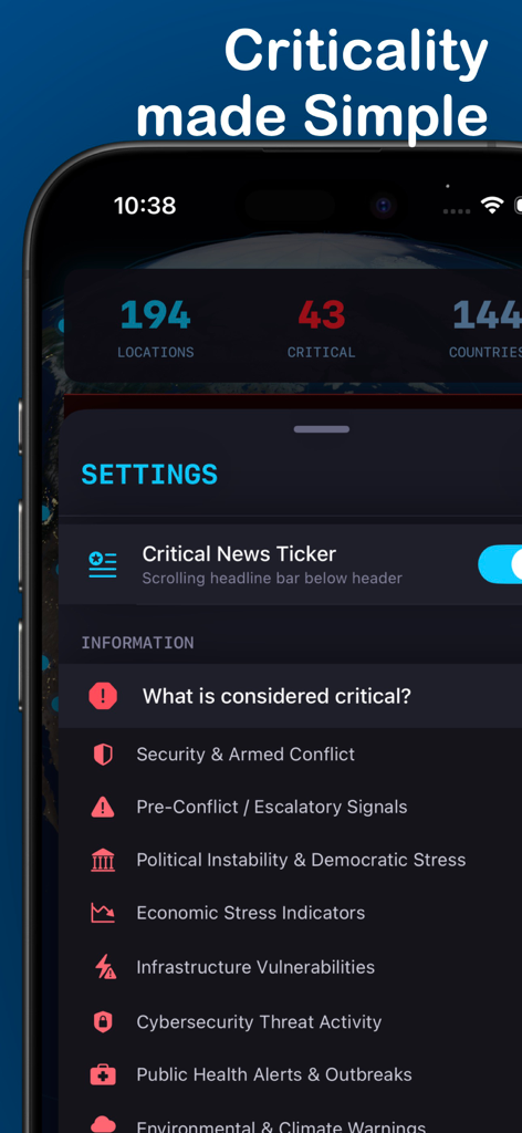 Globanix - Settings screen of the Globanix app showing categories for critical news alerts such as armed conflict and economic stress indicators