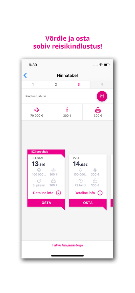 IIZI - Screenshot of the IIZI app showing a comparison of travel insurance prices and coverage options from different providers