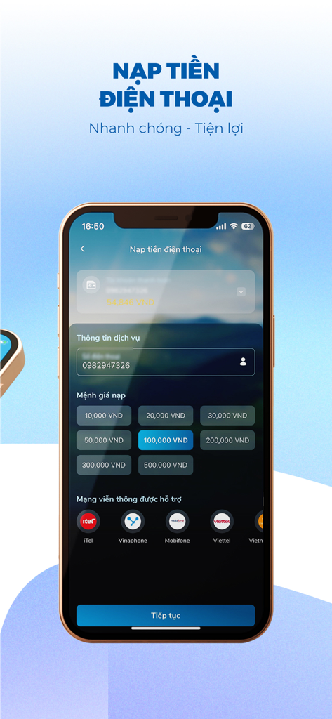 Eximbank EDigi - Pantalla de la aplicación móvil Eximbank EDigi para recargar crédito telefónico con varias denominaciones de VND y operadores vietnamitas.