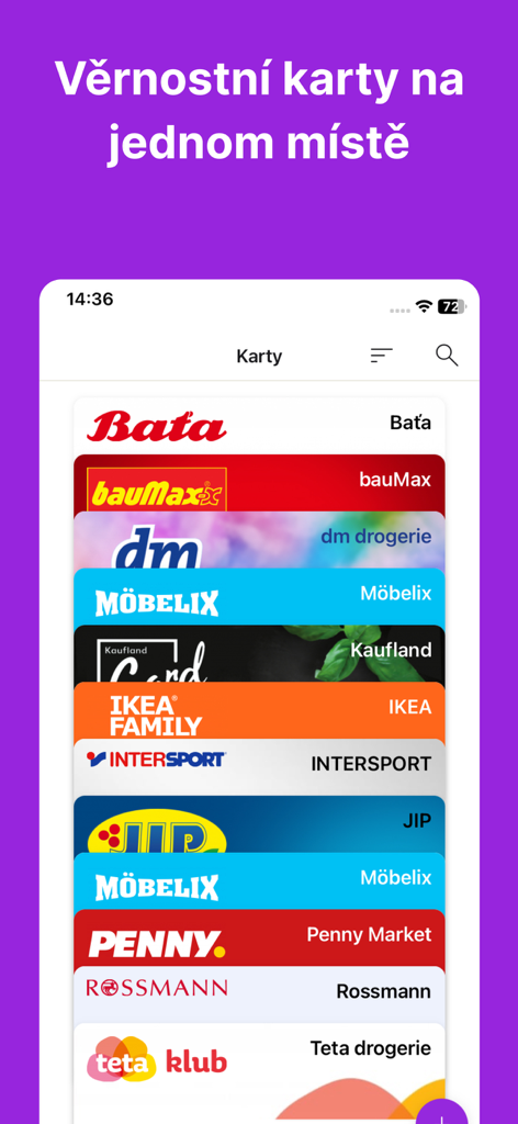 Kupi.cz - Rádce před nákupy - A digital wallet in the Kupi.cz app displaying a variety of store loyalty cards including IKEA and Penny Market.