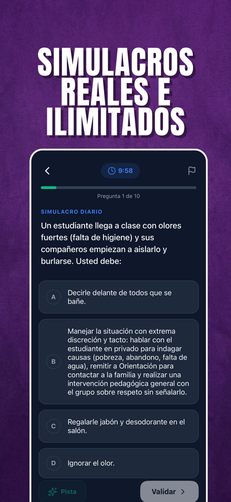 Docente IA: Concurso y SIMO - Interface of the Docente IA app showing a pedagogical question from a mock exam for the Colombian teaching contest.