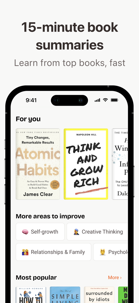 Wisely: Books in 15 Minutes - L'application Wisely montrant des résumés de livres en 15 minutes, y compris Atomic Habits et Think and Grow Rich