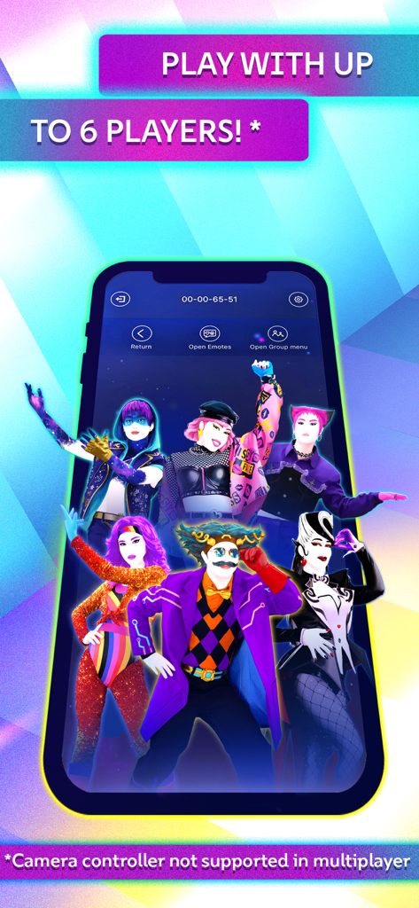 Just Dance Controller app screen showing multiplayer support for up to 6 players with colorful dancing avatars