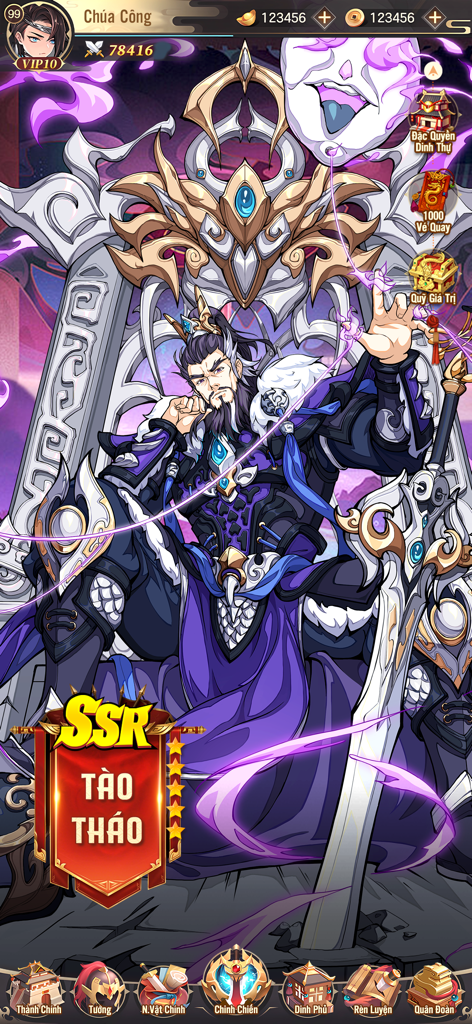 Quần Anh Phong Hoa Lục - Vplay - SSR character Tao Thao sitting on a throne in the mobile game Quan Anh Phong Hoa Luc