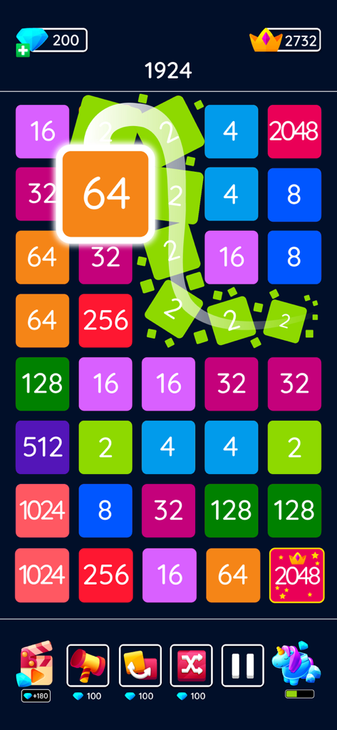 Una captura de pantalla del juego de 2048 Blast que muestra bloques de números coloridos fusionándose en una cuadrícula de fondo oscuro.