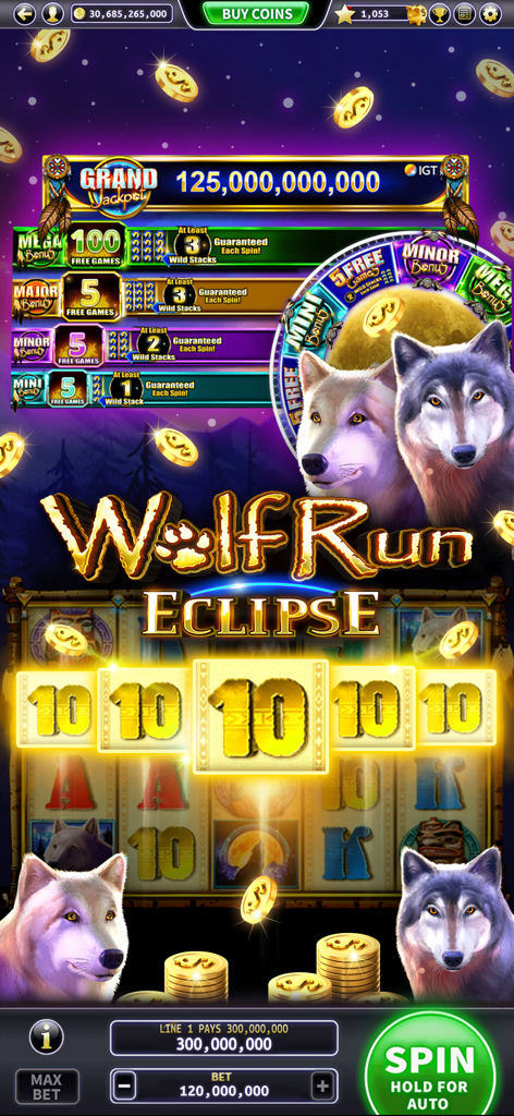 Lake of The Torches Slots - Wolf Run Eclipse slot machine gameplay interface with wolf imagery and a grand jackpot display in the Lake of the Torches Slots app.