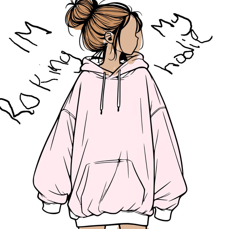 realistic girl with a oversized sweatshirt on and a bun