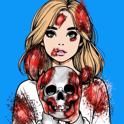 realistic girl holding a skull