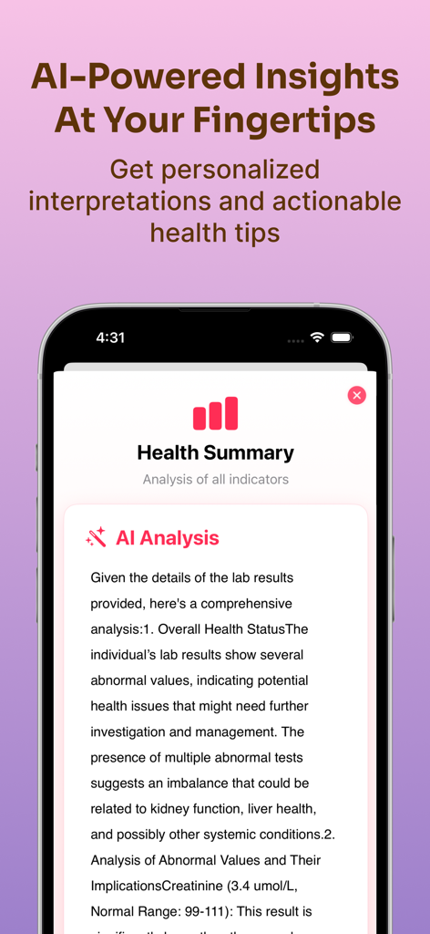 AI Lab Results Analyzer - Mobile app interface showing an AI-powered health summary and detailed analysis of lab test results.