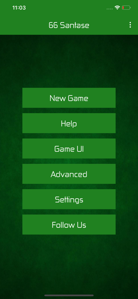 Main menu of 66 Santase card game showing options for New Game Help and Settings on a green background.