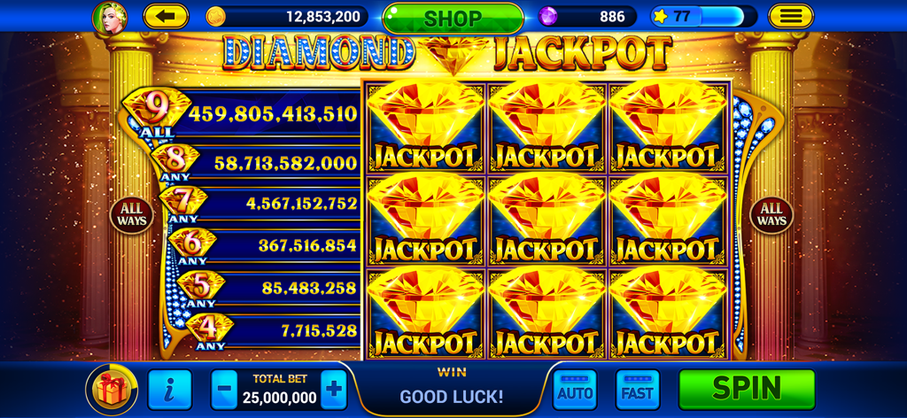 Golden City Casino - A Diamond Jackpot slot machine screen in the Golden City Casino mobile app.