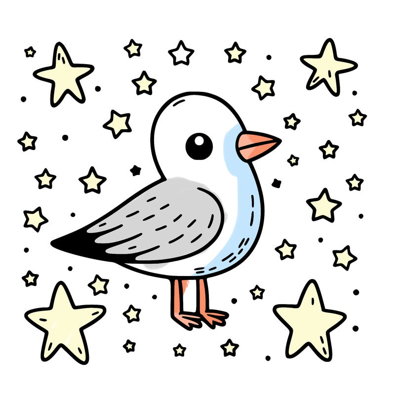 a seagull in the middle of the picture with scattered, small stars