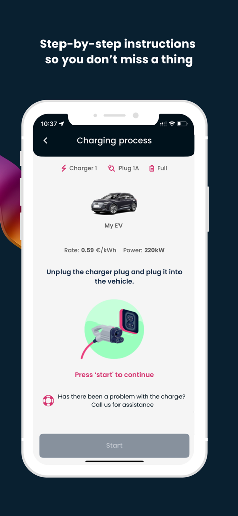Wenea - Pantalla de la aplicación Wenea que muestra instrucciones paso a paso para el proceso de recarga de vehículos eléctricos